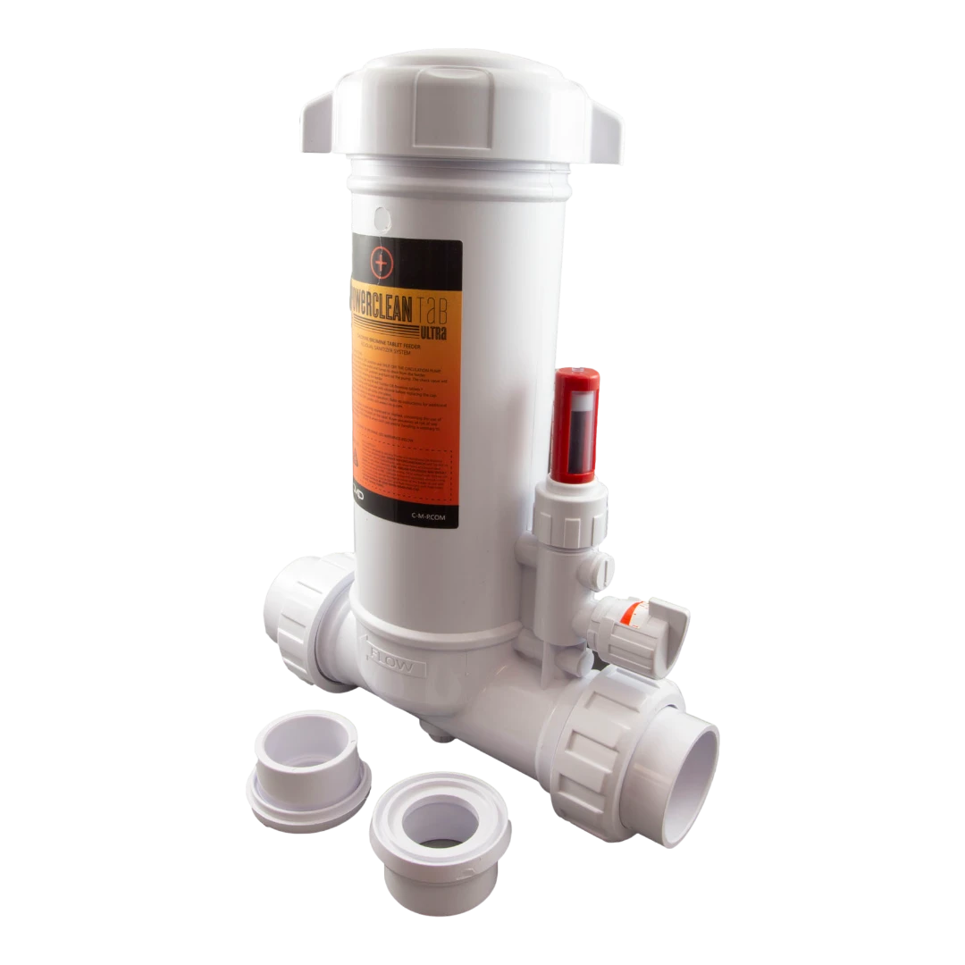 CMP PowerClean Tab Ultra In-Line Chlorinator with clear lid and flow meter