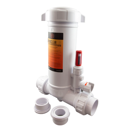 CMP PowerClean Tab Ultra In-Line Chlorinator with clear lid and flow meter