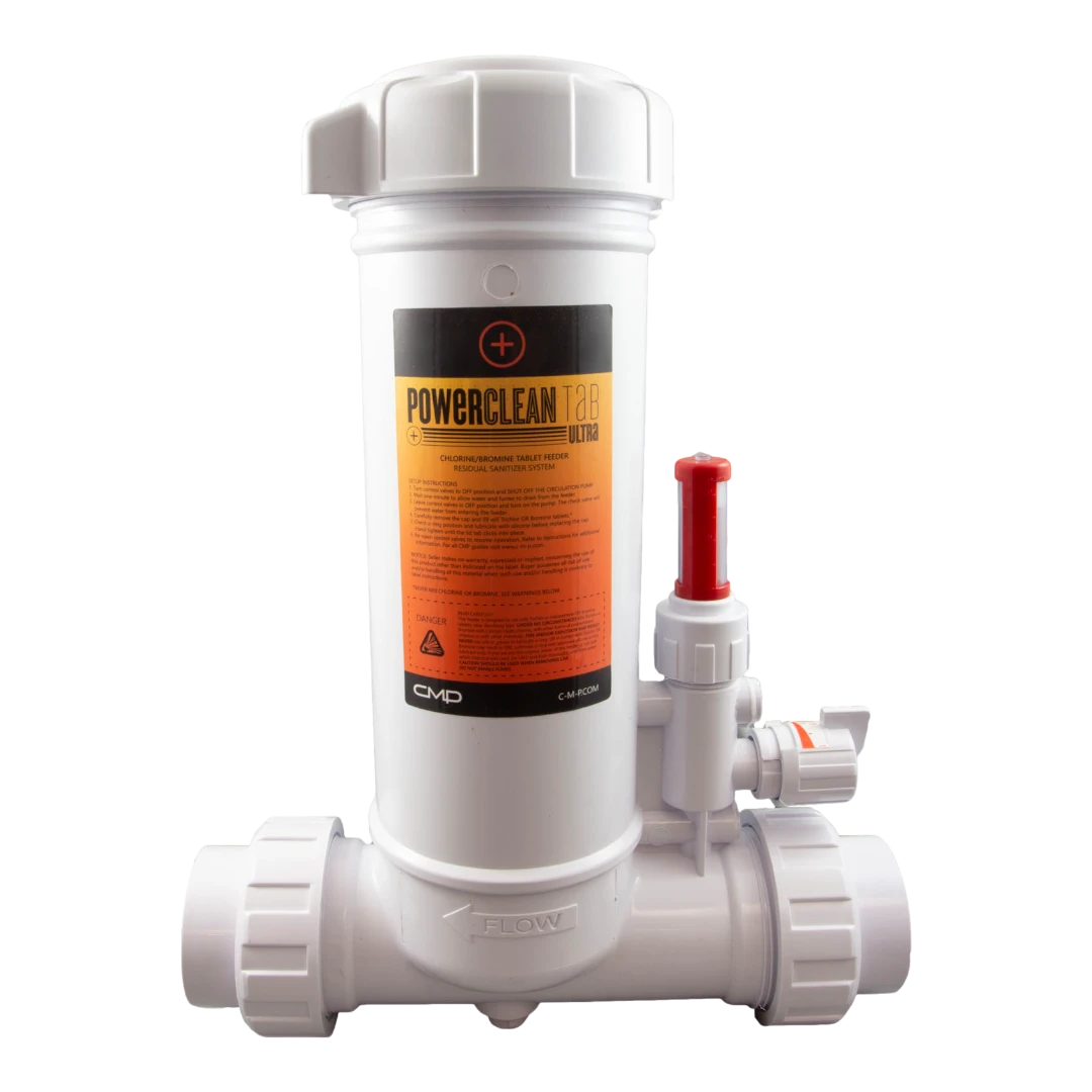 CMP PowerClean Tab Ultra In-Line Chlorinator with clear lid and flow meter