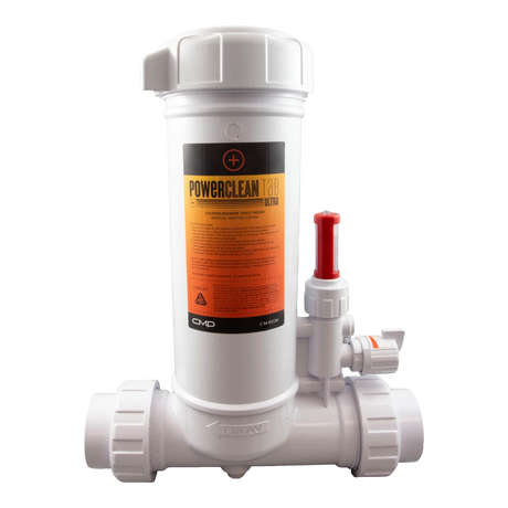 CMP PowerClean Tab Ultra In-Line Chlorinator with clear lid and flow meter