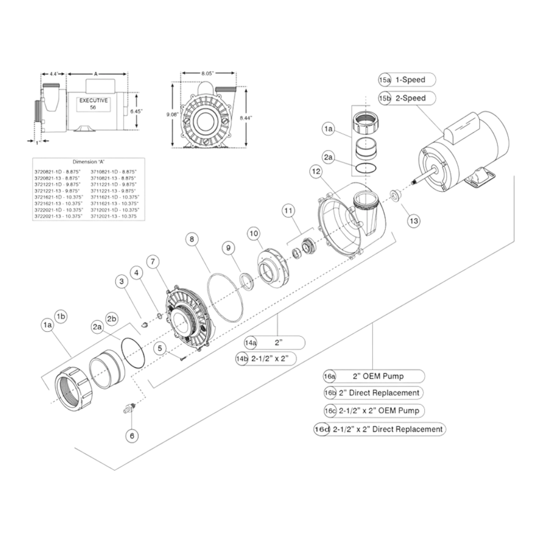 Waterway Executive Pump 4.0HP 230V 1 Speed 56 Frame 2.5" x 2" OEM Replacement